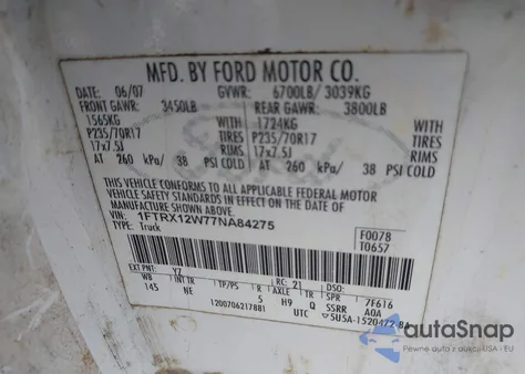 2007 Ford F-150 Stx/Xl/Xlt z USA, uszkodzony, nr VIN 1FTRX12W77NA84275